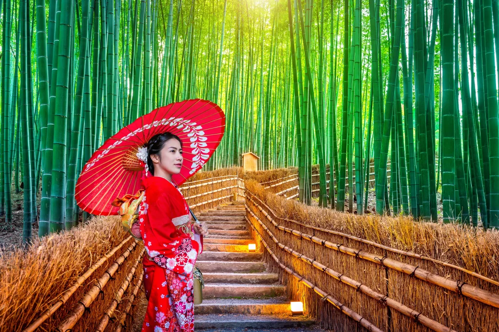 Forêt de bambous avec une femme asiatique portant un kimono traditionnel japonais à Kyoto, Japon