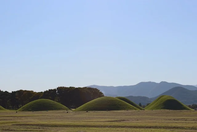 Buttes herbeuses dans un champ avec des montagnes en arrière-plan