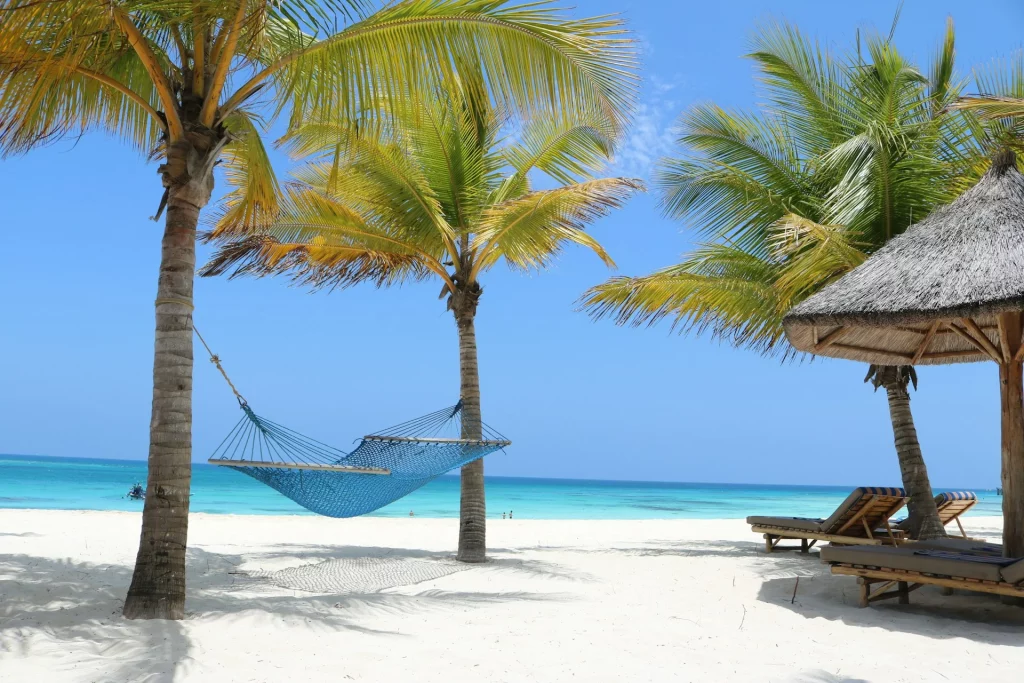 Hamac sur une plage tropicale.