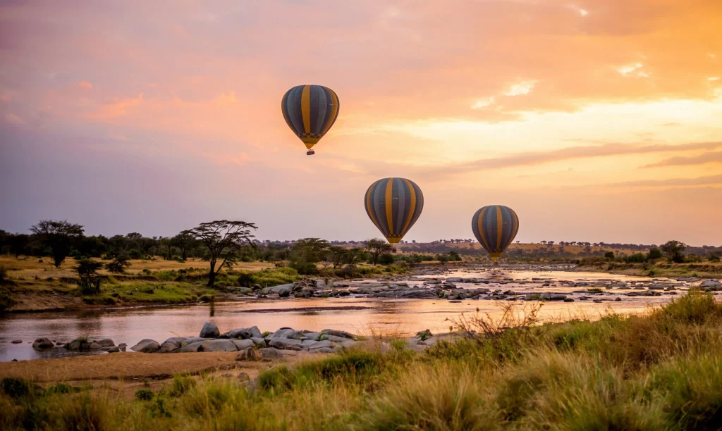 Montgolfières survolant la savane africaine au coucher du soleil.