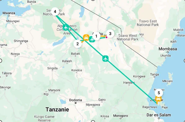 Map of an adventure trip between safari and coast in Tanzania.