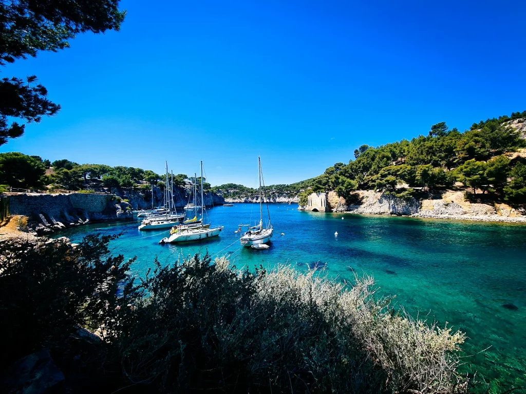 Un paysage provençal avec des champs de lavande en fleur, des collines verdoyantes et un ciel bleu éclatant.