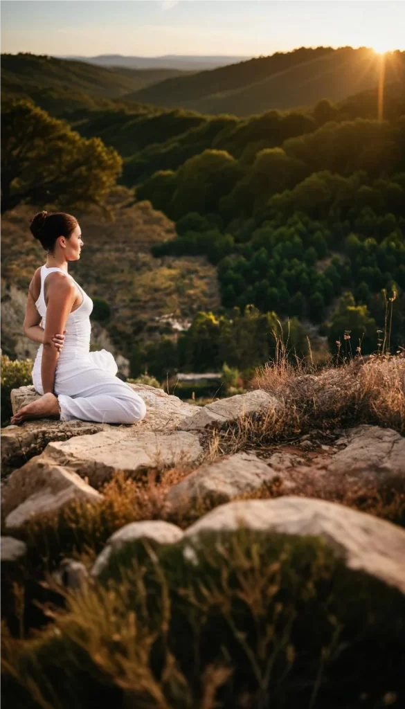 Femme méditant en pleine nature, entourée de calme et de sérénité, avec une posture apaisante.